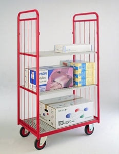 Narrow Aisle Truck with 1 Deck, 2 Ends & 2 Shelves Shelf Trolleys with plywood Shelves & roll cages 55/2 Sided trolley.jpg